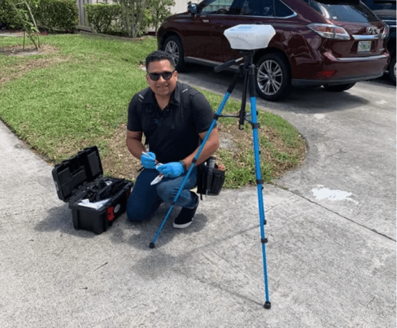 Certified inspector from Air Doctors conducting mold inspections, mold testing, particle count and allergen testing, asbestos surveys, sample collection, and water quality testing in a residential and commercial property in South Florida.